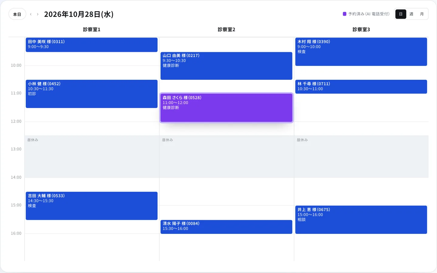 予約表の動作イメージ。診察室ごとに 1 日の予約が並び、AI 電話受付で入った予約が紫で表示されている